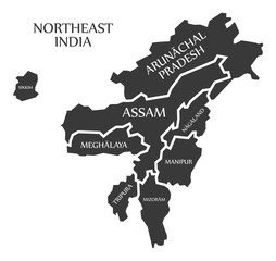 Northeast India region map labelled black illustration