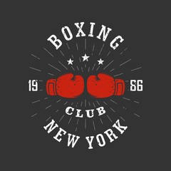 Color illustration in grunge textured boxing gloves and text with rays. Vector illustration on a sports theme. Boxing club logo.