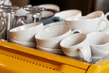 Clean cups in cafe. Cafe background.