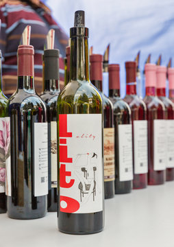 Design Ukrainian wine bottles during Wine Festival in Kyiv, Ukraine.