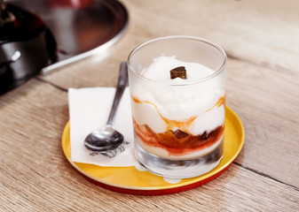 Cakes in cafe. Morning desserts, snack, high-calorie food.