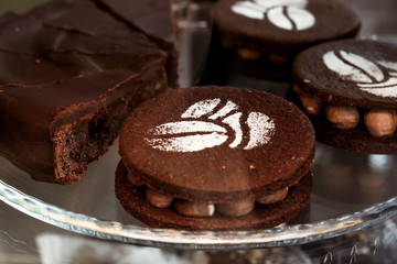 Cakes in cafe. Morning desserts, snack, high-calorie food.