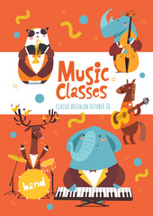Vector music classes advertisement flyer or poster design with cute animals playing music