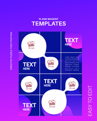 modern social media post feed, instagram feed, purple, blue, minimalist.