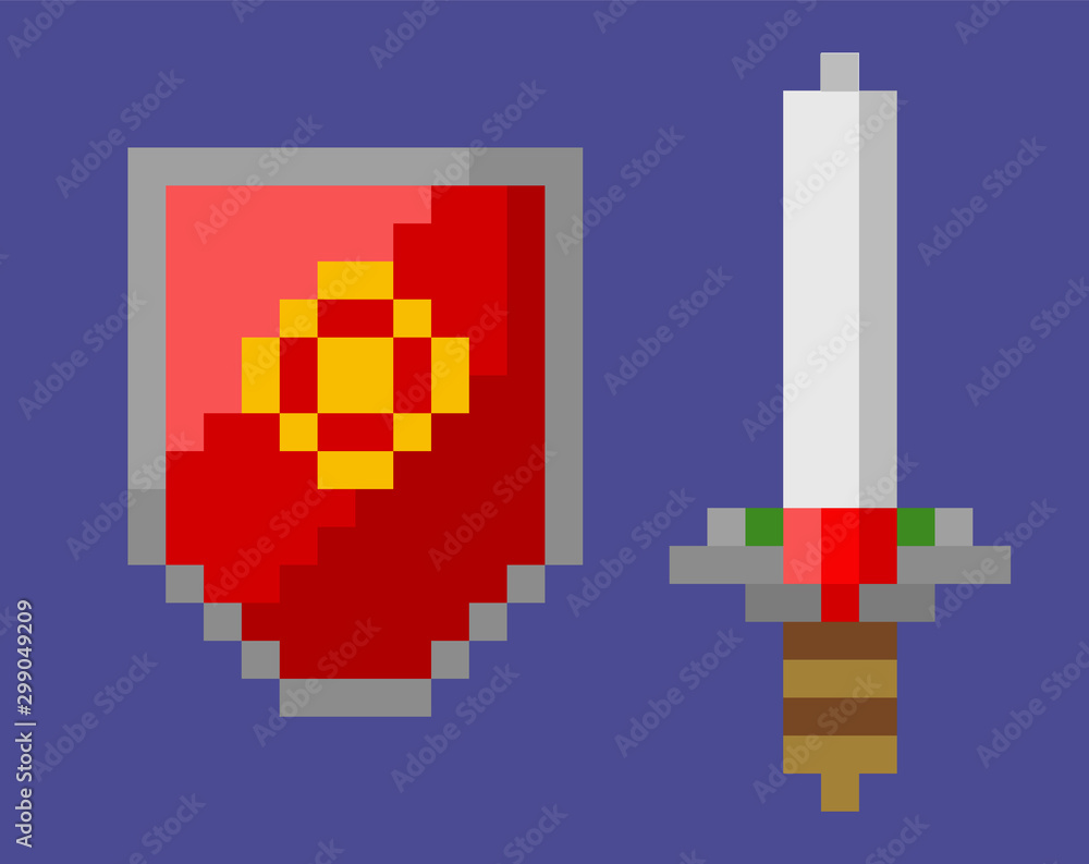 Poster pixel art icons vector, shield with sing and sword with sharp razor and handle, isolated pixelated e