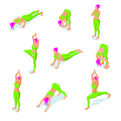 Isometric yoga poses vector illustration of a girl in neon colors