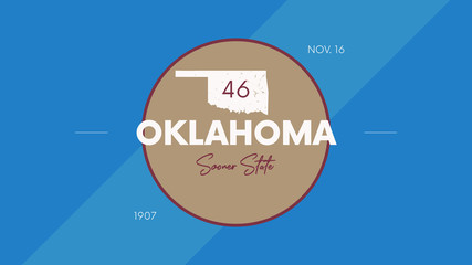 46 of 50 states of the United States with a name, nickname, and date admitted to the Union, Detailed Vector Oklahoma Map for printing posters, postcards and t-shirts