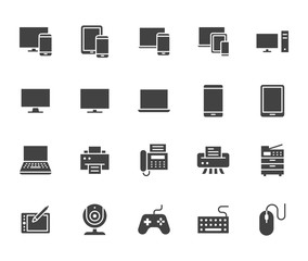 Devices flat glyph icons set. Pc, laptop, computer, smartphone, desktop, office copy machine vector illustrations. Black minimal signs for electronic store. Silhouette pictogram pixel perfect 64x64