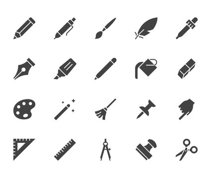 Drawing tools flat glyph icons set. Pen, pencil, paintbrush, dropper, stamp, smudge, paint bucket, vector illustrations. Black minimal signs for web interface. Silhouette pictogram pixel perfect 64x64