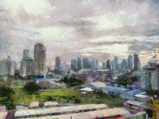 Landscape of Bangkok Illustrations creates an impressionist style of painting.
