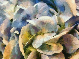 The bouquet is white and purple. Illustrations creates an impressionist style of painting.