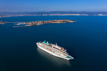View of drone to passenger ship near to the Nessebar city, Bulgaria