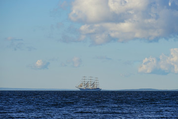 Fototapeta na wymiar Vintage white sailboat on the background of the seascape.