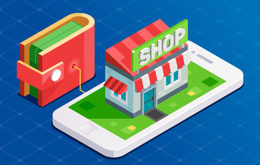 Online shopping with wallet. Isometric illustration.