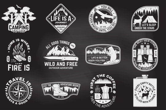 Set of outdoor adventure quotes on the chalkboard. Vector. Concept for shirt or print, stamp tee. Design with hiking boots, binoculars, mountains, fishing bear, deer, tent and forest silhouette