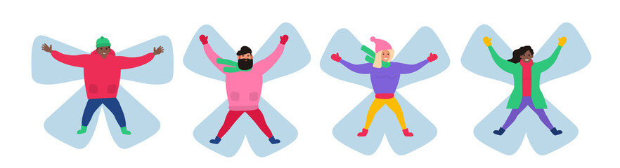 people men and women making snow angel set .winter holidays