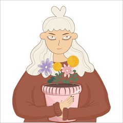 Girl with white hair and a domestic plant.