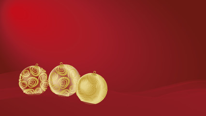 Drei liegende rot goldene Christbaumkugeln mit Rosenornamenten auf einer Welle bei dunklrotem Hintergrund.