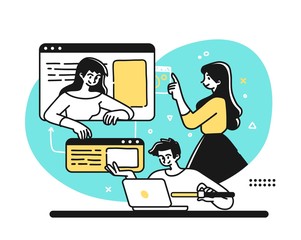 Designing Developing and programming technologies. Colleagues working on web app development in a company office.