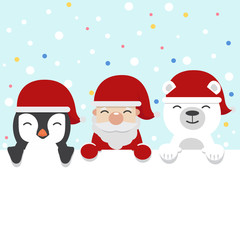 Obraz na płótnie Canvas cute reindeer santa claus and penguin cartoon with holding sign for christmas