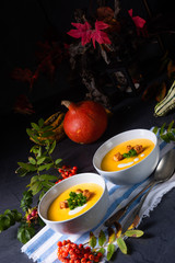 Fototapeta na wymiar Delicious pumpkin soup with croutons and coconut milk