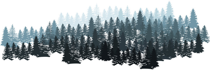 Forest Silhouette Landscape. Coniferous Forest Panorama. Winter Christmas Forest of fir trees silhouette. Layered trees background. Vector - obrazy, fototapety, plakaty