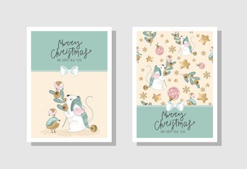 Set of Christmas gift cards with festive Mouse, inscriptions and hand-drawn festive design elements. Vector illustration.