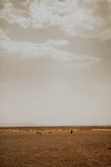 Fotobehang Cappuccino Uitzicht op de Sahara-woestijn en berberherder met dieren op de achtergrond.
