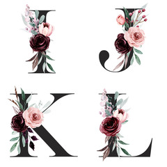 Alphabet, letters I, J, K, L with watercolor flowers and leaf hand painting. Floral monogram initials perfectly for wedding invitation, greeting card, logo, poster and other design. 