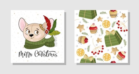 Fototapeta na wymiar Set of Christmas gift cards with festive Mouse, inscriptions and hand-drawn festive design elements. Vector illustration.