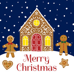 Merry Christmas greeting card with gingerbread house