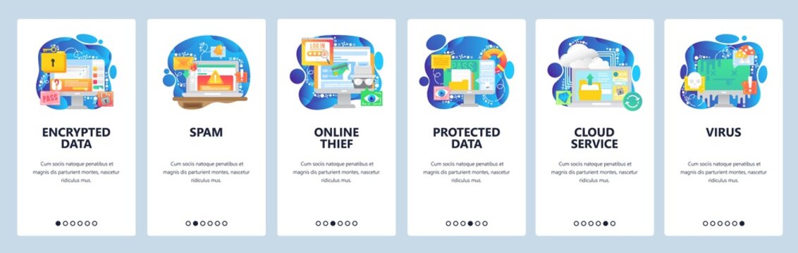 Mobile app onboarding screens. Data protection, secure access, spam and malware, hacker, virus, cloud storage. Vector banner template for website and mobile development. Web site design illustration