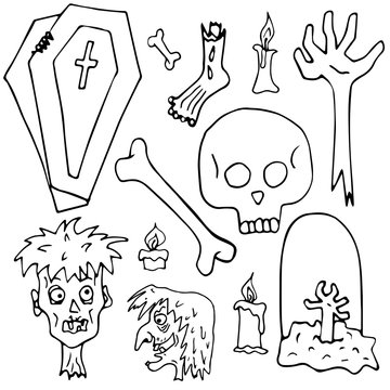 Hand drawn figure set monochrome halloween for coloring. Creepy pictures. The dead. Zombie body parts Pictures for decoration. Set of vector pictures. Little sketch on a white background. Happy hallow