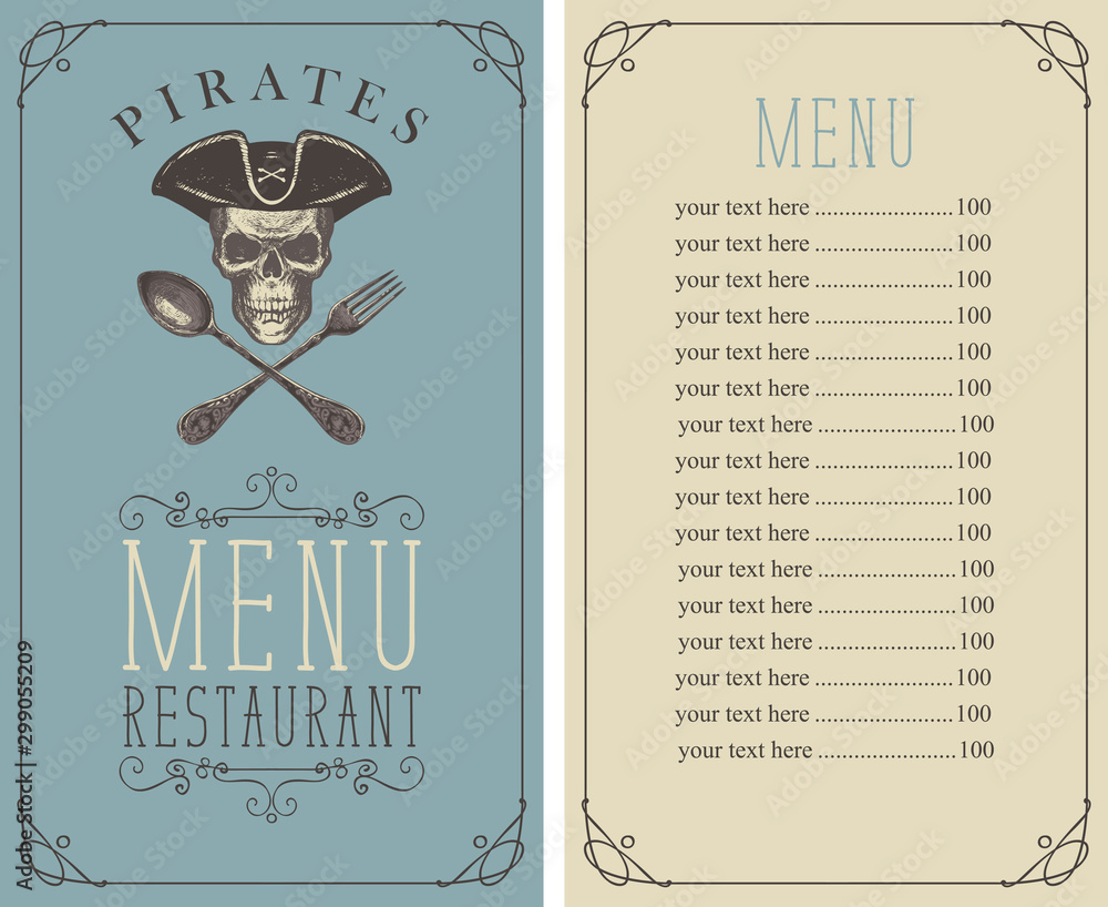 Poster vector menu for fresh seafood with hand-drawn human skull in pirate hat and crossed fork and spoon. 
