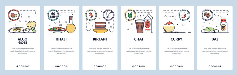 Mobile app onboarding screens. Indian cuisine and food, bhaji, biryani, curry, dal. Menu vector banner template for website and mobile development. Web site design flat illustration