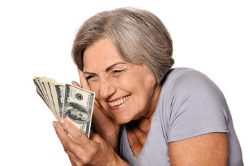 Close up portrait of happy elderly woman with dollars