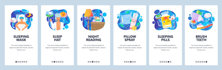 Mobile app onboarding screens. Sleeping mask, night table with a book, pillow, sleeping pills. Menu vector banner template for website and mobile development. Web site design flat illustration
