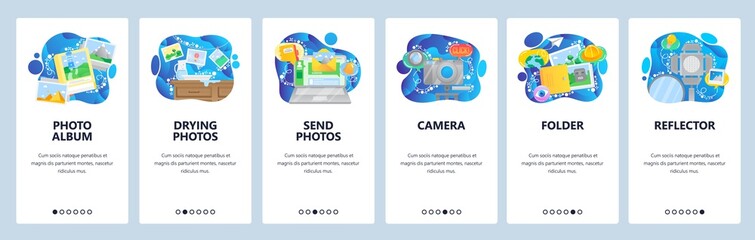 Mobile app onboarding screens. Take and develop photo, digital photography, camera, photo album, light. Vector banner template for website and mobile development. Web site design flat illustration