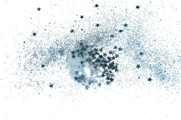 Blue glitter and glittering stars sparkle on white background 