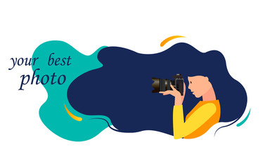 Concept of a photographer with a camera in flat style. Reflex Camera. professional or amateur photo. World Photography Day. vector illustration on a white background for web, sites, studios.