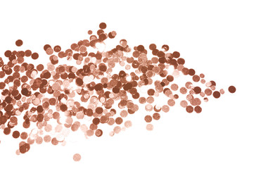 Rose Gold glitter on white background, shiny confetti in vintage colors