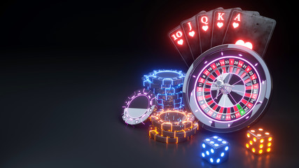 Roulette Wheel, Royal Flush Poker Cards and Poker Cards - 3D Illustration