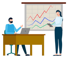 Man and woman workers discussing graph report, international business and growth chart. Employee working with wireless device, presentation icon. Vector illustration in flat cartoon style