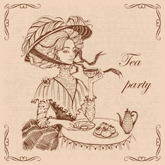 Beautiful vintage lady. Tea party. Girl in a hat drinking tea. Engraving. Graphics. Brown. Vector