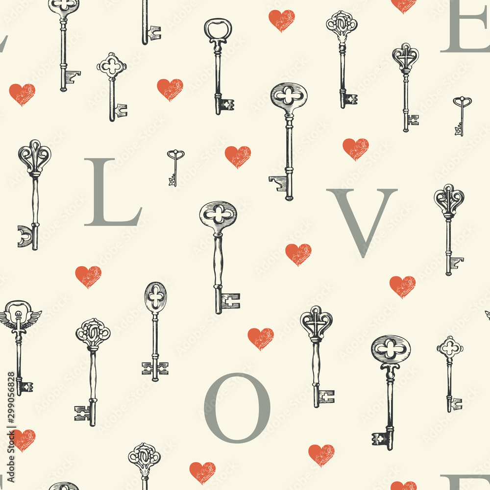 Poster vector seamless pattern on the theme of love with vintage keys, red hearts and initial letters in re