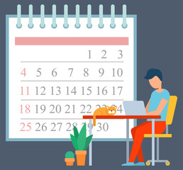Young man working with computer at home. Cat sitting on desk near laptop. Freelance concept. Time management, calendar and planning. Vector illustration in flat cartoon style