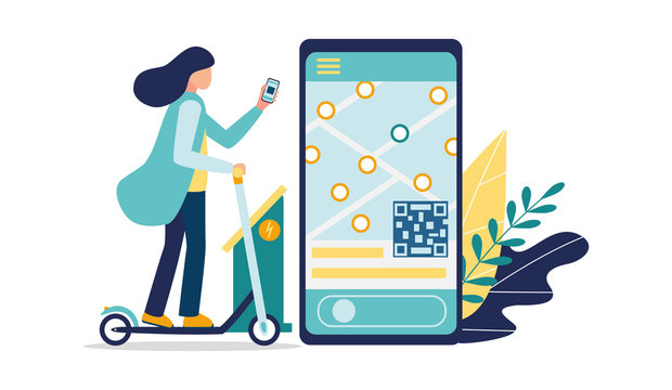 Mobile application for renting electric scooters. A young woman rides a kick scooter. On the smartphone screen map of the navigation of free vehicles. Charging and payment station. Vector illustration