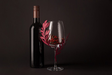 Red wine bottle and glass mockup