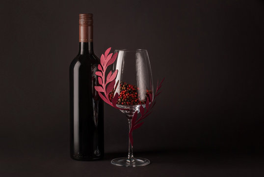 Red Wine Bottle And Glass Mockup