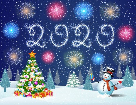 Christmas landscape at night. christmas tree and snowman. concept for greeting or postal card. fireworks in the sky. 2020 with sparklers